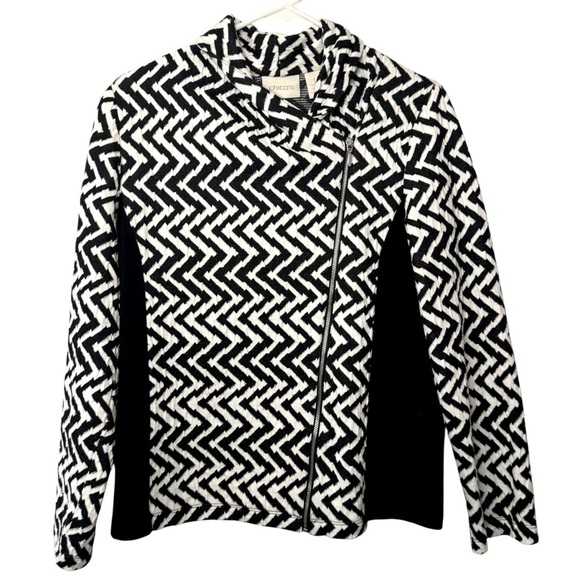 Chico's Black White Zig Zag Stripe Asymetric Zip Lightweight Moto Jacket Size M - Picture 2 of 12
